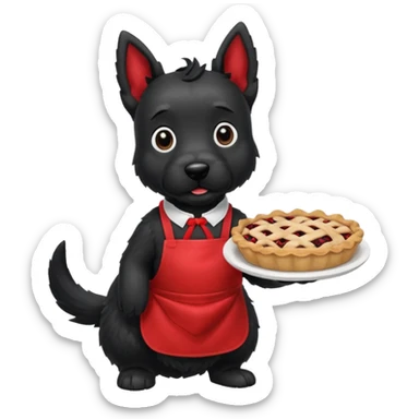 Black Scottie dog wearing red apron holding a pie sticker