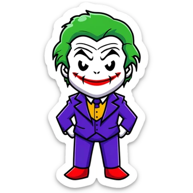 The Joker villain full body with green hair, purple suit, white face, red lips, sinister smile sticker