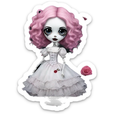 PINK LANDSCAPE PICTURE WITH FRAME: full height, tim burton "corpse bride", porcelain doll with a cracked face, goth makeup watery eyes, long hair, lace and ruffles, lolita style, inked, black and white, red roses sticker