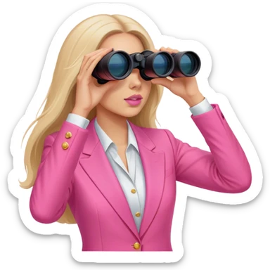 futuristic-looking woman with long hair in an intensive color pink suit looking through binoculars sticker