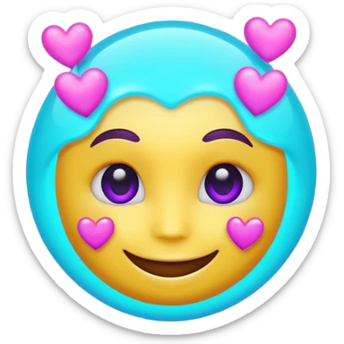 futuristic glowing emoji face smiling with floating neon hearts, purple and cyan holographic light, dark background sticker