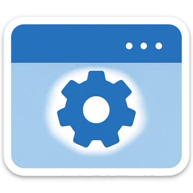 Redesign the settings-in-browser icon in a flat, modern style consistent with previous blue-themed icons. Use almost exclusively shades of blue, with a fully transparent background. The icon should feature a blue browser window with a blue gear in the center, minimal use of other colors, clean and simple lines, prioritizing visibility and clarity. sticker