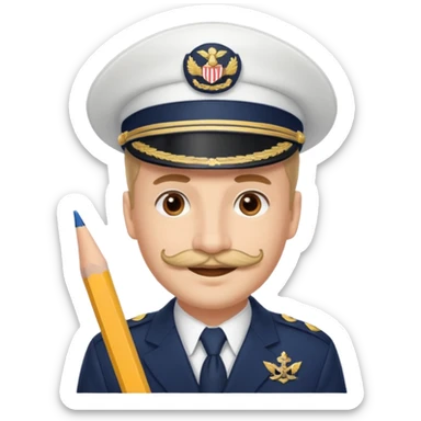 A light-skinned man with brown eyes and Pencil mustache, smiling while wearing a white captain’s hat with a navy emblem. sticker