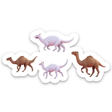 A white cat chasing a T-Rex in the desert with a herd of camels staring at them sticker