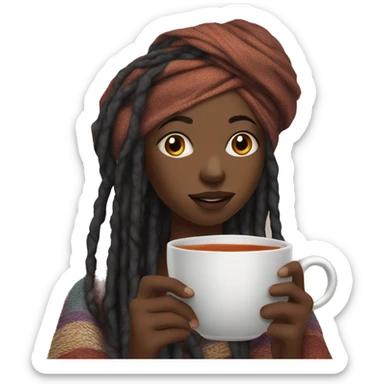 Black girl with long dreadlocks wrapped in a turban sipping on hot tea with blanket sticker