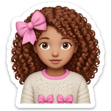 A light brown skinned girl, with cheeks, curly hair, wearing a white sweater with pink crochet bows on her sleeves sticker