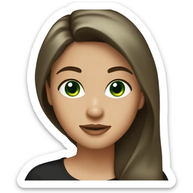 Beautiful woman with long dark brown hair and dark green eyes, wearing a black t-shirt sticker