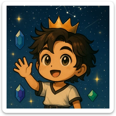 Make the character waving with one hand raised and add a simple golden crown on the head, keeping the same illustration style as the reference image. sticker