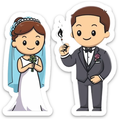 Person in fancy suit sneaking into wedding ceremony with mischievous smile, uninvited guest, smoking joint sticker