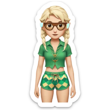 elf female legolas portrait, patterned board shorts (geometric/abstract), unique wooden-framed sunglasses, undercut hairstyle, slight smirk, visible pointy ears, no background, centered emoji, hipster summer vibe coctails  sticker