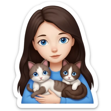 a pretty girl with long dark 
brown hair, with blue eyes, hugs 3 different natural coloured small cats sticker