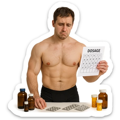 realistic inexperienced bodybuilder with asymmetric muscles, surrounded by bottles and blister packs of drugs, dosage chart with errors, downcast expression, white background, 4K quality sticker