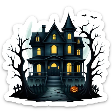 Icon for Horror Movies: A dark, eerie collage featuring iconic horror elements like a haunted house, a full moon, sinister shadows, and creepy creatures emerging from the darkness. The atmosphere should be chilling, with a feeling of suspense and fear. Transparent background. sticker