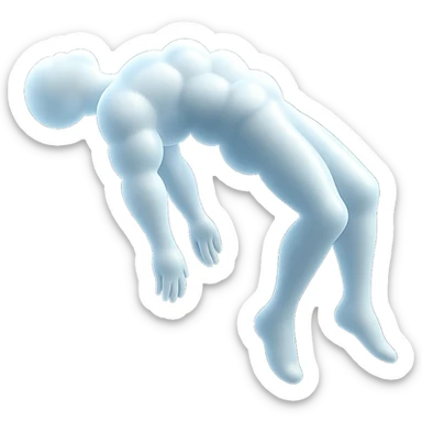 side view of a person unconscious flying upwards by the torso, legs and arms downwards, made of small very bright white fluffy convex clouds, matte glass style sticker