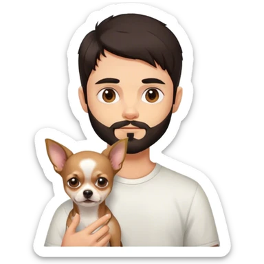 Boy with dark hair and a beard walking a Chihuahua sticker