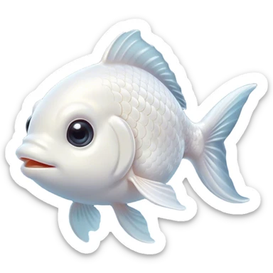 Cinematic Cute White Goldfish Portrait Emoji, Head tilted playfully and inquisitively, featuring a glossy, pure white body with delicate, shimmering scales and round, sparkling pale eyes filled with curiosity, Simplified yet irresistibly adorable features, highly detailed, glowing with a warm, friendly glow, high shine, affectionate and lively, stylized with a touch of whimsy, bright and endearing, soft glowing outline, capturing the essence of a mischievous yet loving goldfish, so playful it feels like it could swim out of the screen and into your heart! sticker