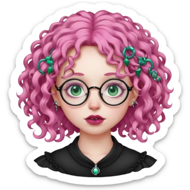 . Gothic girl with pink curly hair, round glasses, septum piercing, nostril piercing, almond eyes, blueish green eyes, sticker