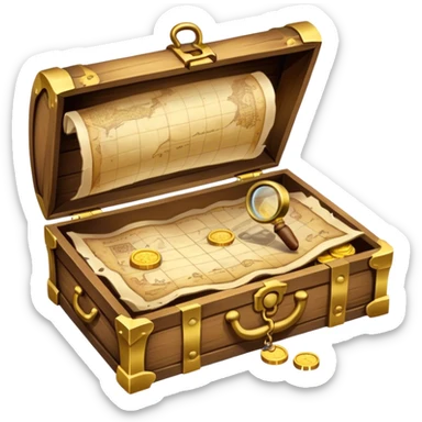 An icon depicting a treasure map with an open chest, surrounded by clues and mysterious symbols. A magnifying glass hovers over the map, symbolizing the thrill of discovery and adventure. Set on a transparent background, it should evoke the excitement of solving puzzles and exploring new worlds. sticker
