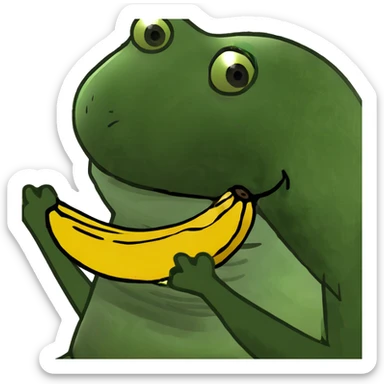 Pepe the frog eating a banana, bufo style meme, happy expression sticker