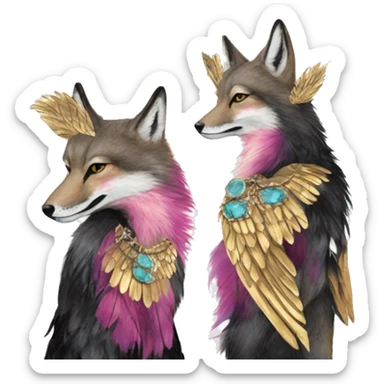 Dark black Beige cyan Pink magenta burgundy maroon cyan beige gray coyote fox black stripes wearing gold jewellery gold piercings gold gilded vintage watercolour tie dye black raven wings sticker