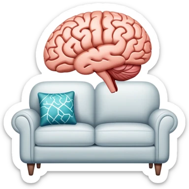 An icon featuring a brain, a couch, and a psychological test, symbolizing the study of psychology. The design includes abstract patterns representing the mind, with a calm, therapeutic setting in the background. Transparent background highlights the exploration of human behavior and mental health. sticker