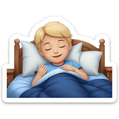 a child tucked in bed sleeping with a smile, night sky outside window sticker