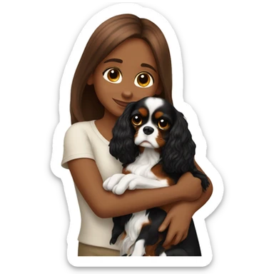cute girl hugging two black and brown cavalier king charles spaniel  sticker