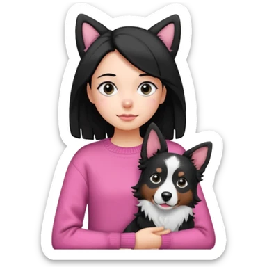 girl with side parted black hair shoulder length black eyes wearing pink sweater carrying black and white border collie with perked ears emoji style sticker