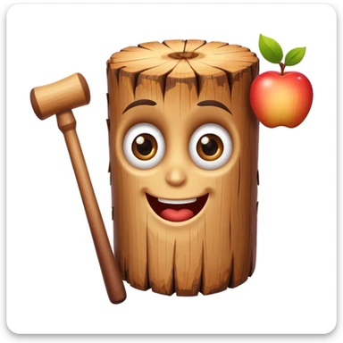 cartoonish wood log with cheerful expression and big eyes, holding a small mallet, white background, bright colors, apple emoji style sticker