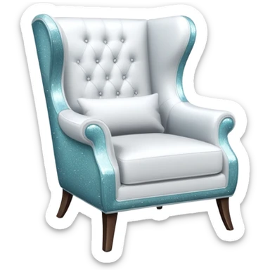 smartphone at an angle showing a clear, detailed armchair on the screen, product page layout, with sparkle effect on the left side sticker
