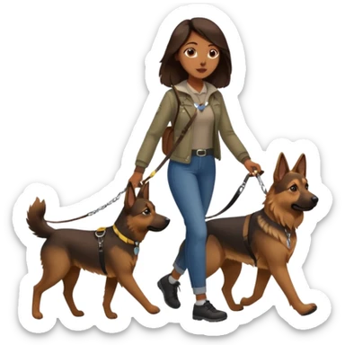 a girl with a brown dark long long hair, she's walking her dog is a german shepard sticker