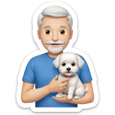 handsome gentleman, 60 years old, short silver hair, beard and moustache, wearing a blue t-shirt, smiling and holding a maltese dog sticker
