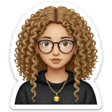 Mixed girl /curly long hair brown / with black eyes glasses black sweat shirt middle part flat piercing and very small thin gold chain  sticker