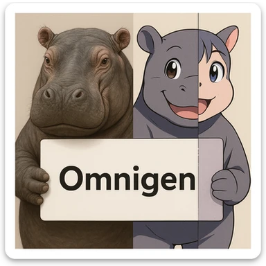 two hippo holding sign of omnigen, half picture 1 hippo is realistic another half is the anime of that same second hippo, with before after mark sticker