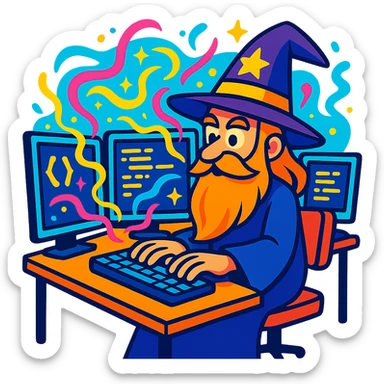 wizard coder with a long beard sitting at a desk with multiple monitors with magical energy around, vibrant toon style, cartoonish, colorful, dynamic sticker