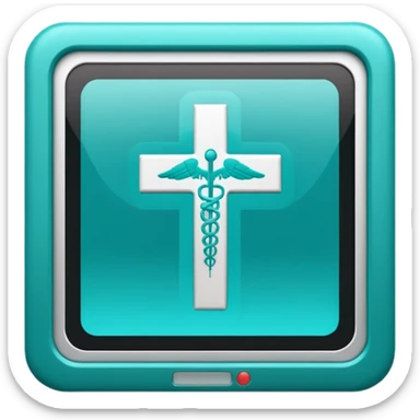 Emoji-style icon of a medical cross inside a scan frame with data lines, symbolizing AI disease detection. Simple emoji design, teal and white theme, no text, transparent background. sticker