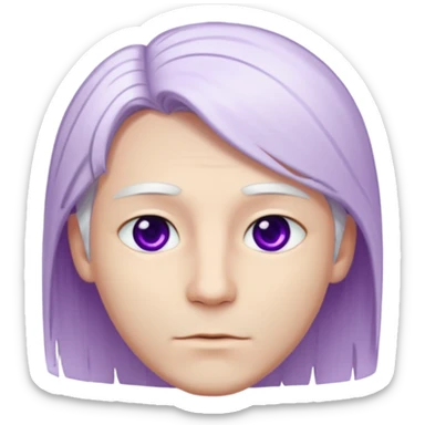 Beyaz uzun ve düz saçları olan,mor göz rengi olan, bembeyaz tenli bir erkek,genç,gözleri hafif çekik ve saçları da teni de bembeyaz olacak,genç olacak,kırışıklığı olmayacak,gözleri çekik ve mor renk olacak,alnında kırışıklık olmayacak,saçı daha beyaz olsun,genç olacak sticker