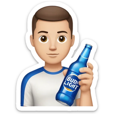 white guy, brunette crew cut hair, holding bud light  sticker