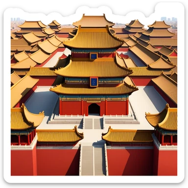Cinematic Realistic Forbidden City Landmark Emoji, depicting grand imperial architecture with golden rooftops, vast courtyards, and intricate wooden carvings, all surrounded by towering red walls. sticker