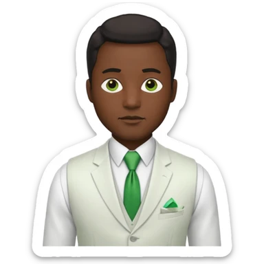 businessman, black skin, white suit vest, green tie sticker