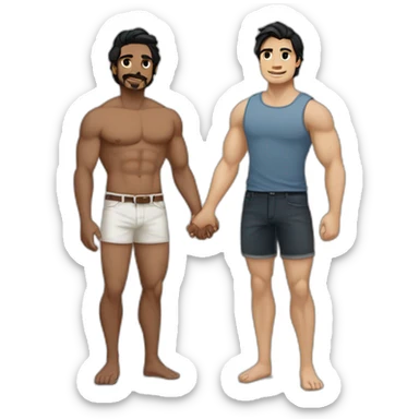 Gay couple, 1 Latino male heritage taller black hair a bit muscled, the other one white Australian male blonde hair holding hands with a cat in the middle of them. Full body sticker