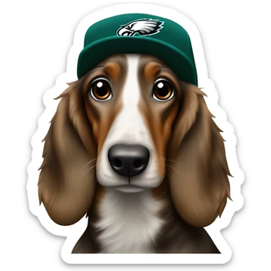 Long Haired Brindle Dacschund wearing Philadelphia Eagles hat sticker