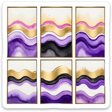 Black, white, gold, purple, abstract Watercolor paintings on three canvases next to each other  sticker