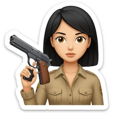 Pretty, tan woman with black hair holding a gun  sticker