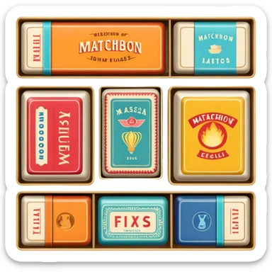 Icon for Matchbox Collecting: a collection of vintage and colorful matchboxes from different places, neatly displayed in a row or in a display case. The icon should reflect the uniqueness and diversity of matchbox collecting. Transparent background. sticker