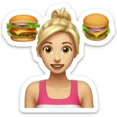 Hungry girl in front of a burger sticker