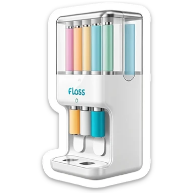 compact upright floss dispenser with sleek modern shape, semi-transparent colored window revealing spool inside, fine strand of floss extending outward, smooth ergonomic white casing with bright accent color, no branding, no teeth, no extras, soft lighting, subtle shadows, emoji scale sticker