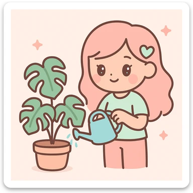 woman watering her monstera plant sticker