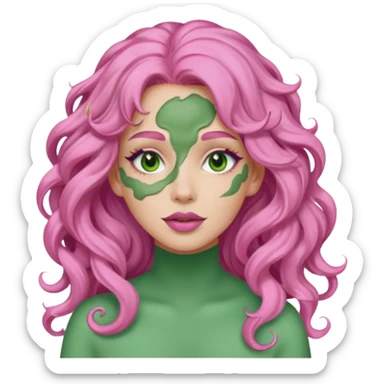 pink haired very long curly haired woman with full full face green clay mask sticker