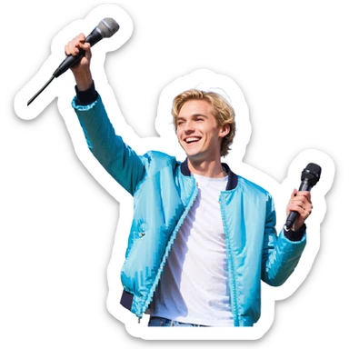 Pixel art style, expressive male performer, Caucasian features, short sandy blonde hair, lively eyes, wide cheerful smile, wearing a sky blue jacket over white tee, tossing a microphone in one hand, waist-up, front-facing sticker